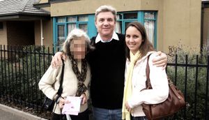Mike Rinder at Barbara Rinder’s assisted-living facility in July 2010 with paramour Christie Collbran and the woman (holding chocolate box from Rinder) he cajoled into helping him gain unauthorized entry to his mother’s residence