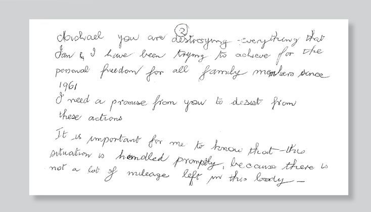 Barbara Rinder’s letter of August 2009 to her son was one of several asking him to stop attacking the family’s religion and let the family live in peace. “Michael you are destroying everything that Ian and I have been trying to achieve for the personal freedom for all family members since 1961.”